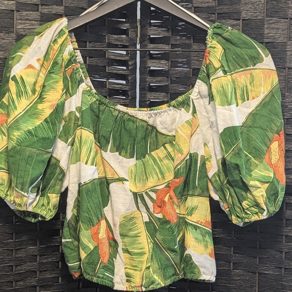Cynthia Rowley Tropical Leaf Puff Sleeve Crop Top Linen Blend Vacation Cruise